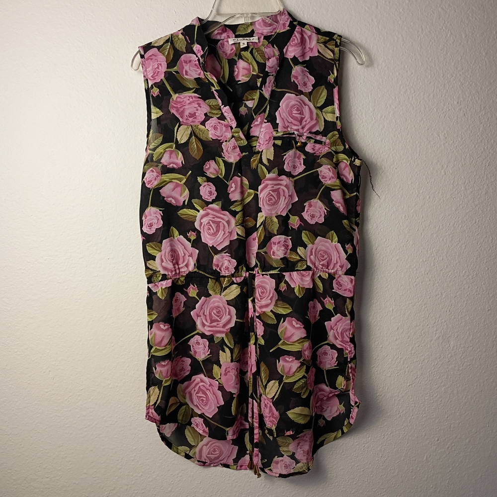 Elegant Floral Sleeveless Blouse - Pink Roses on Black